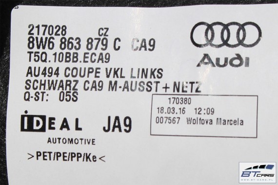 AUDI A5 BOCZEK + DYWAN + PAS BAGAŻNIKA 8W6863879C 8W6863880A 8W5863463A 8W 2016- boczki bagażnik tapicerka