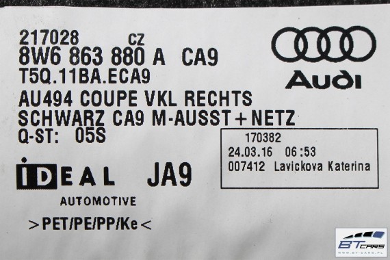 AUDI A5 BOCZEK + DYWAN + PAS BAGAŻNIKA 8W6863879C 8W6863880A 8W5863463A 8W 2016- boczki bagażnik tapicerka