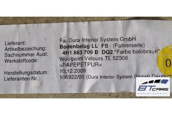 AUDI A8 DYWAN PODŁOGI WYKŁADZINA 4H1863709B 4H1863710B 4H0863021G 4H1 863 709 DQ2 brąz balao D4 4H 4H1863709 4H1863710 4H0863021