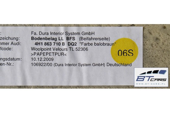 AUDI A8 DYWAN PODŁOGI WYKŁADZINA 4H1863709B 4H1863710B 4H0863021G 4H1 863 709 DQ2 brąz balao D4 4H 4H1863709 4H1863710 4H0863021