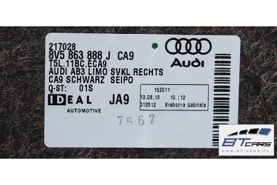 AUDI A3 SEDAN PODŁOGA + BOCZEK BAGAŻNIKA 8V5863887T 8V5863888J 8V5863463 boczki tapicerki bagażnik 8V5863471 8V CA9 8V5863887