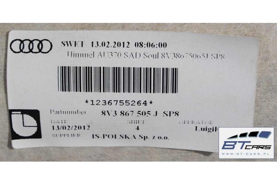 AUDI A3 8V PODSUFITKA 8V3867505J  SZYBERDACH TAPICERKA 8V3867505J 8V3 867 505 J 8V 3 drzwi SP8 czarny soul 8V3867505J 8V3867505C