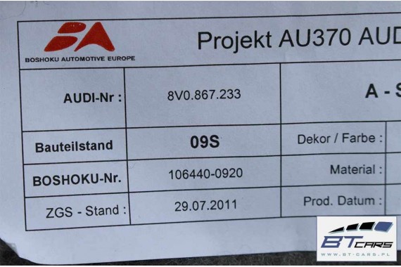 AUDI A3 SŁUPEK A  POSZYCIE 8V0867233 8V0867234 8V górne 8V0 867 233 8V0 867 234 SP8 wykończenie 8V0867233 8V0867234 8V0867234