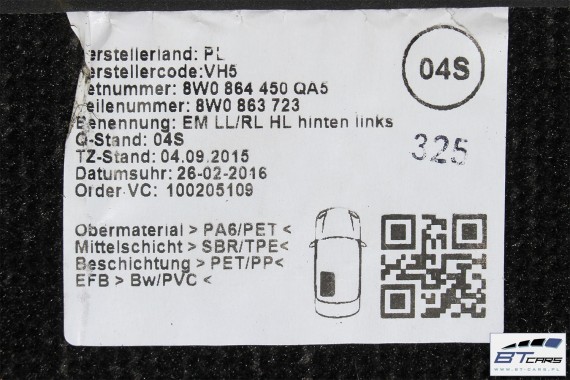 AUDI A4 A5 DYWANIKI PODŁOGI 8W1863691A 8W0864450 wycieraczki 8W1 863 691 A 8W1 863 713 8W1863714 8W0864450 8W0863723 8W0863724