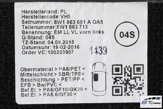 AUDI A4 A5 DYWANIKI PODŁOGI 8W1863691A 8W0864450 wycieraczki 8W1 863 691 A 8W1 863 713 8W1863714 8W0864450 8W0863723 8W0863724