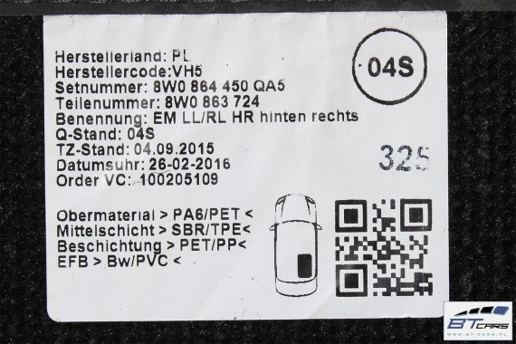 AUDI A4 A5 DYWANIKI PODŁOGI 8W1863691A 8W0864450 wycieraczki 8W1 863 691 A 8W1 863 713 8W1863714 8W0864450 8W0863723 8W0863724