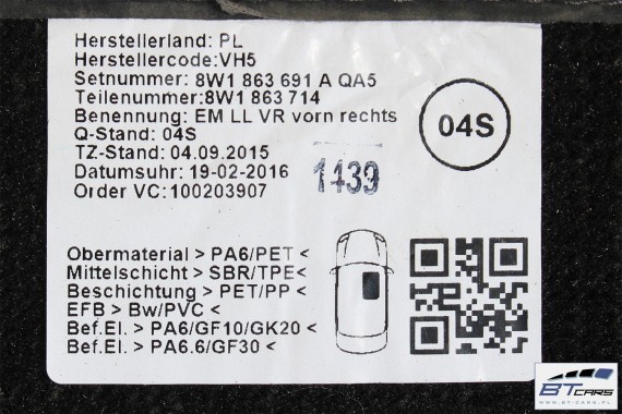 AUDI A4 A5 DYWANIKI PODŁOGI 8W1863691A 8W0864450 wycieraczki 8W1 863 691 A 8W1 863 713 8W1863714 8W0864450 8W0863723 8W0863724