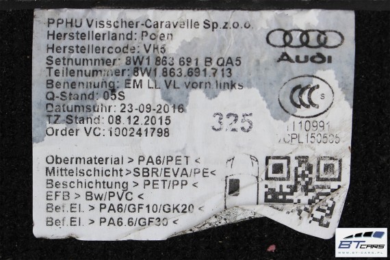 AUDI A4 A5 DYWANIKI PODŁOGI 8W1863691A 8W0864450 wycieraczki 8W1 863 691 A 8W1 863 713 8W1863714 8W0864450 8W0863723 8W0863724