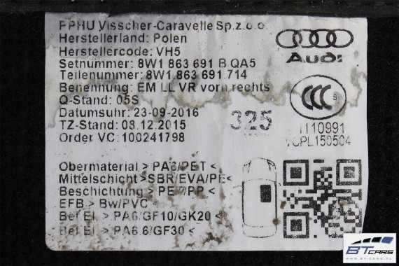 AUDI A4 A5 DYWANIKI PODŁOGI 8W1863691A 8W0864450 wycieraczki 8W1 863 691 A 8W1 863 713 8W1863714 8W0864450 8W0863723 8W0863724