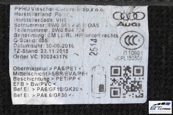 AUDI A4 A5 DYWANIKI PODŁOGI 8W1863691A 8W0864450 wycieraczki 8W1 863 691 A 8W1 863 713 8W1863714 8W0864450 8W0863723 8W0863724
