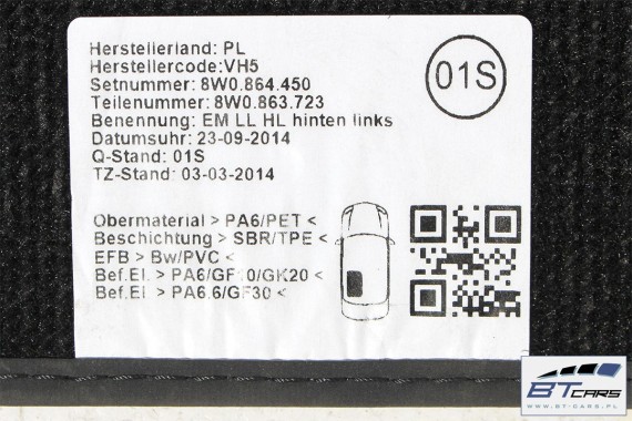 AUDI A4 A5 DYWANIKI PODŁOGI 8W1863691A 8W0864450 wycieraczki 8W1 863 691 A 8W1 863 713 8W1863714 8W0864450 8W0863723 8W0863724