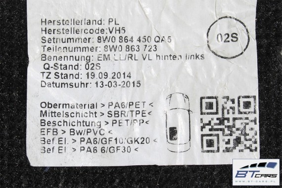 AUDI A4 A5 DYWANIKI PODŁOGI 8W1863691A 8W0864450 wycieraczki 8W1 863 691 A 8W1 863 713 8W1863714 8W0864450 8W0863723 8W0863724