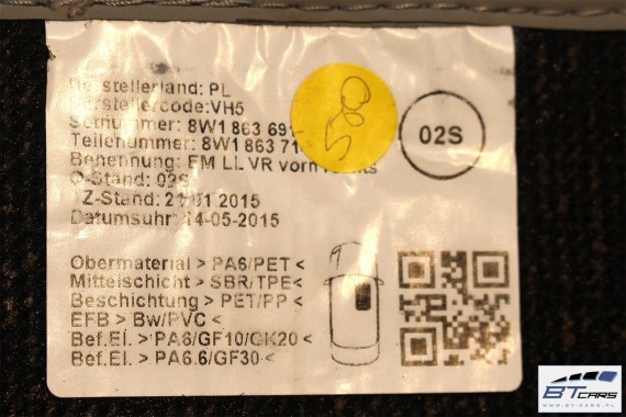 AUDI A4 A5 DYWANIKI PODŁOGI 8W1863691A 8W0864450 wycieraczki 8W1 863 691 A 8W1 863 713 8W1863714 8W0864450 8W0863723 8W0863724