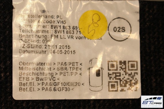 AUDI A4 A5 DYWANIKI PODŁOGI 8W1863691A 8W0864450 wycieraczki 8W1 863 691 A 8W1 863 713 8W1863714 8W0864450 8W0863723 8W0863724