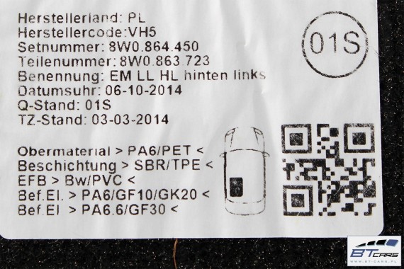 AUDI A4 A5 DYWANIKI PODŁOGI 8W1863691A 8W0864450 wycieraczki 8W1 863 691 A 8W1 863 713 8W1863714 8W0864450 8W0863723 8W0863724