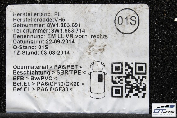 AUDI A4 A5 DYWANIKI PODŁOGI 8W1863691A 8W0864450 wycieraczki 8W1 863 691 A 8W1 863 713 8W1863714 8W0864450 8W0863723 8W0863724
