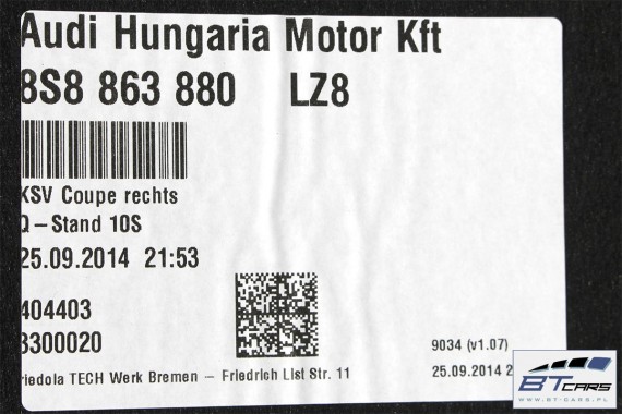 AUDI TT BOCZEK PAS DYWAN BAGAŻNIKA TAPICERKA 8S8863879A 8S886880 8S8861529 8S0863471 8S boczki bagażnik tapicerka 8S0 LZ8 czarny