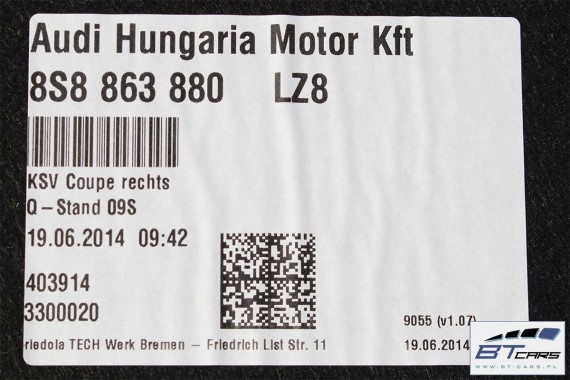 AUDI TT BOCZEK PAS DYWAN BAGAŻNIKA TAPICERKA 8S8863879A 8S886880 8S8861529 8S0863471 8S boczki bagażnik tapicerka 8S0 LZ8 czarny