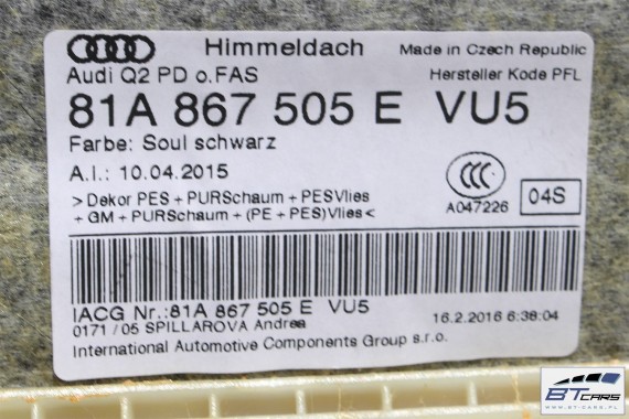 AUDI Q2 PODSUFITKA POD SZYBERDACH 81A867505E 81A 867 505 E  Kolor: VU5 - czarny (soul) 81A867505E  81A867505E