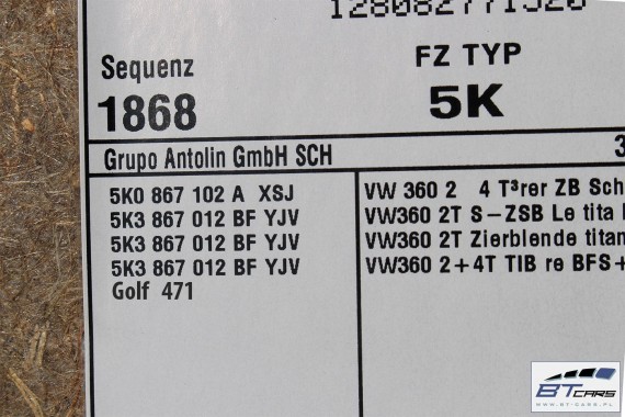 VW GOLF 6 VI BOCZKI DRZWIOWE BOCZEK TAPICERKA 5K 5K3 5K3867011 5K3867012 5K3867043 5K3867044 5K3 867 011 5K3 867 012