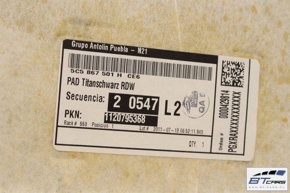 VW THE BEETLE PODSUFITKA pod SZYBERDACH TAPICERKA 5C5867501H 5C5 5C 2012- 5C5 867 501 H Kolor: CE6 - czarny tytanowy