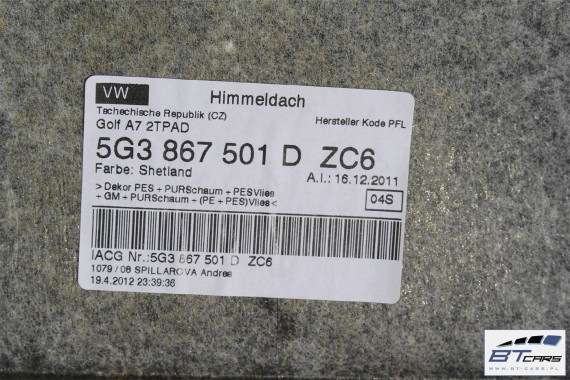 VW GOLF 7 VII PODSUFITKA 5G3867501A  5G3 867 501 3 drzwi  5G Kolor: ZC6 - shetland