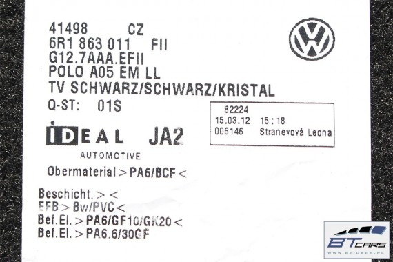 VW POLO DYWANIKI PODŁOGI KOMPLET 6R1863011 / 6R 6C wycieraczki 6R1 863 011 FII - czarny / kryształowoszary