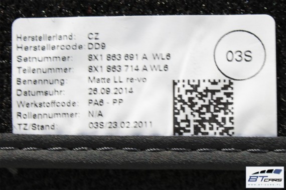 AUDI A1 DYWANIKI PODŁOGI WYCIERACZKI 8X1863691A 8X1 863 691 A WL6 8X1863691 8X0864450 8X0863724 8X1863691A 8X1863713 8X1863714