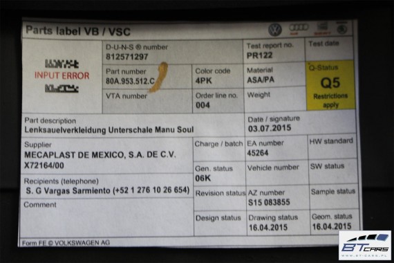 AUDI Q5 DOLNA OBUDOWA KIEROWNICY DÓŁ 80A953512C 80A 953 512 C