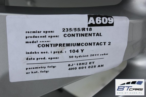 AUDI A4 A5 A6 A7 A8 FELGI 18 KOŁA OPONA felga 4H0601025AH 8J*18H2 opona CONTINENTAL CONTIPREMIUMCONTACT 2 235/55/18 104 Y 4G 4H