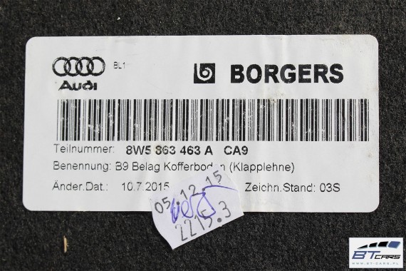 AUDI A5 8W F5 BOCZEK DYWAN PAS BAGAŻNIKA 8W6863879A 8W6863880 8W5863463A 8W 2016- boczki bagażnik tapicerka 8W6 863 879 880 CA9