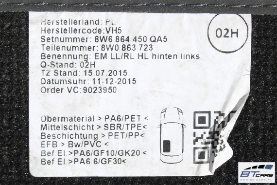 AUDI A5 DYWANIKI PODŁOGI WELUR 8W1863691A 8W6864450 wycieraczki 8W1 863 691 A 8W6864450 QA5 czarny A5 8W F5 8W1863691B 8W1863691