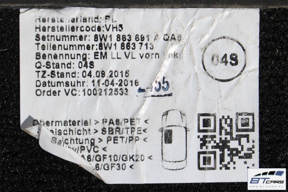 AUDI A5 DYWANIKI PODŁOGI WELUR 8W1863691A 8W6864450 wycieraczki 8W1 863 691 A 8W6864450 QA5 czarny A5 8W F5 8W1863691B 8W1863691