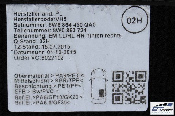 AUDI A5 DYWANIKI PODŁOGI WELUR 8W1863691A 8W6864450 wycieraczki 8W1 863 691 A 8W6864450 QA5 czarny A5 8W F5 8W1863691B 8W1863691