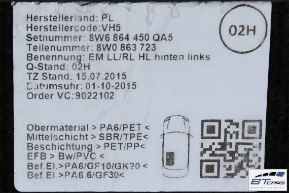 AUDI A5 DYWANIKI PODŁOGI WELUR 8W1863691A 8W6864450 wycieraczki 8W1 863 691 A 8W6864450 QA5 czarny A5 8W F5 8W1863691B 8W1863691