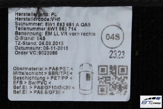 AUDI A5 DYWANIKI PODŁOGI WELUR 8W1863691A 8W6864450 wycieraczki 8W1 863 691 A 8W6864450 QA5 czarny A5 8W F5 8W1863691B 8W1863691