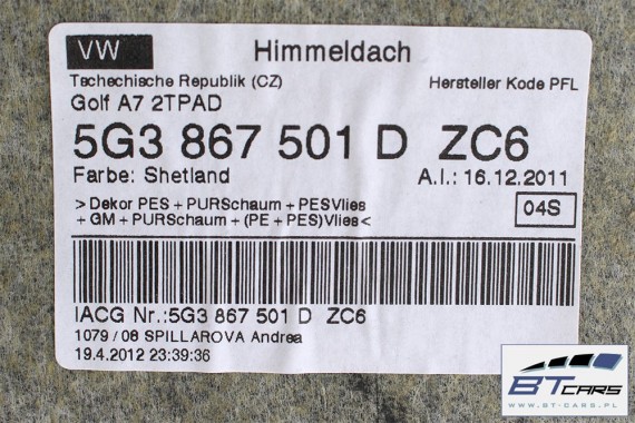 VW GOLF 7 VII PODSUFITKA SZYBERDACH 5G3867501D 5G3867501L 5G3867501N ZC6  5G3 867 501 D 5G3 867 501 L 5G3 867 501 N