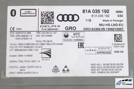 AUDI Q2 ZESTAW MMI MIB2 CZYTNIK Sim SD NAVI + MONITOR + PANEL 81A035192 81A919604 81B919614A 81A 035 192 81A 919 604 81B 919 614