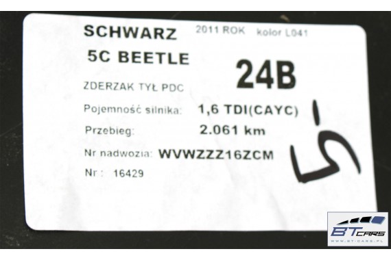 VW THE BEETLE TYŁ L041 ZDERZAK tylny + KLAPA BAGAŻNIKA + LAMPY lampa BŁOTNIK błotniki 5C 2012- Kolor A1A1 L041 - czarny 5C5