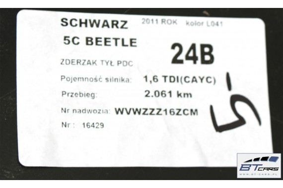 VW THE BEETLE TYŁ L041 ZDERZAK tylny + KLAPA BAGAŻNIKA + LAMPY lampa BŁOTNIK błotniki 5C 2012- Kolor L041 - czarny 5C5