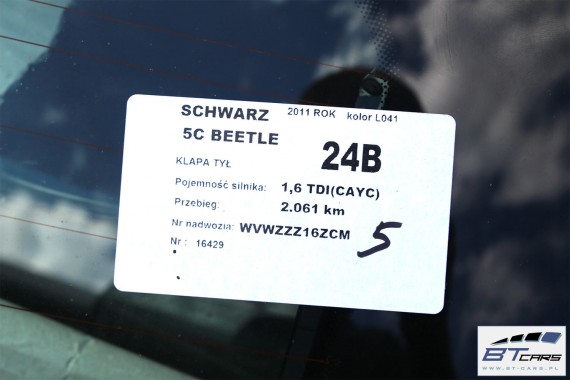 VW THE BEETLE TYŁ L041 ZDERZAK tylny + KLAPA BAGAŻNIKA + LAMPY lampa BŁOTNIK błotniki 5C 2012- Kolor A1A1 L041 - czarny 5C5