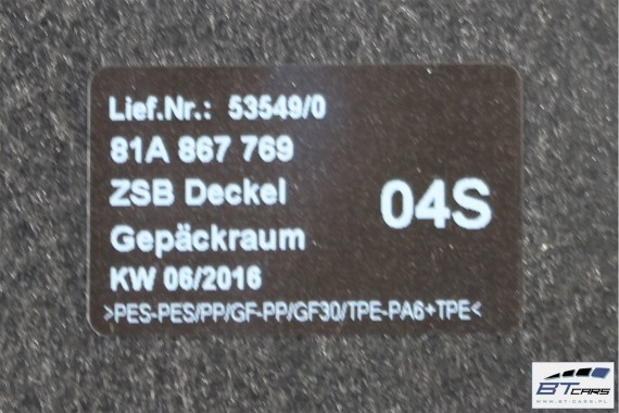 AUDI Q2 PÓŁKA TYLNA SAMOCHODOWA 81A867769 81A 867 769  81A 2016-  XA6 - czarny (soul) 81A867769  81A867769 81A867769 bagażnika