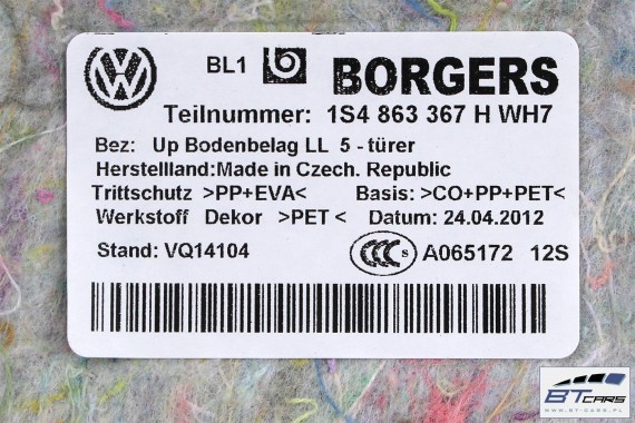 VW UP SKODA SEAT DYWAN PODŁOGI 1S4863367H wykładzina 1S4 863 367 H tapicerka 1S4863367H 1S4863367H 1S4863367 1S4863367 1S4863367