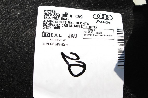 AUDI A5 8W F5 BOCZEK DYWAN PAS BAGAŻNIKA 8W6863879C 8W6863880A 8W5863463 boczki bagażnik tapicerka 8W6863879 8W6863880 8W5863463