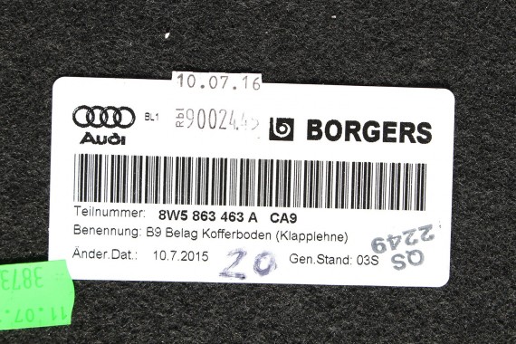 AUDI A5 8W F5 BOCZEK DYWAN PAS BAGAŻNIKA 8W6863879C 8W6863880A 8W5863463 boczki bagażnik tapicerka 8W6863879 8W6863880 8W5863463