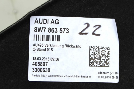 AUDI A5 CABRIO 8W F5 BOCZEK DYWAN PAS BAGAŻNIKA 8W7863879 8W7863880 8W7863463 bagażnik tapicerka 8W7864407 8W7863573 8W7863373