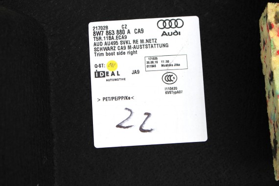 AUDI A5 CABRIO 8W F5 BOCZEK DYWAN PAS BAGAŻNIKA 8W7863879 8W7863880 8W7863463 bagażnik tapicerka 8W7864407 8W7863573 8W7863373