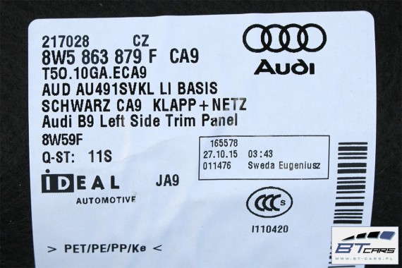 AUDI A4 B9 SEDAN BOCZEK + PAS + DYWAN BAGAŻNIKA 8W5863879F 8W5863880C 8W5863471 8W5863463A boczki bagażnik tapicerka 8W B9