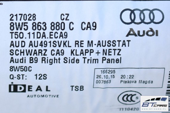 AUDI A4 B9 SEDAN BOCZEK + PAS + DYWAN BAGAŻNIKA 8W5863879F 8W5863880C 8W5863471 8W5863463A boczki bagażnik tapicerka 8W B9