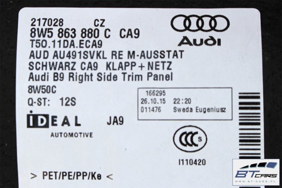 AUDI A4 B9 SEDAN BOCZEK + PAS + DYWAN BAGAŻNIKA 8W5863879F 8W5863880C 8W5863471 8W5863463A boczki bagażnik tapicerka 8W B9
